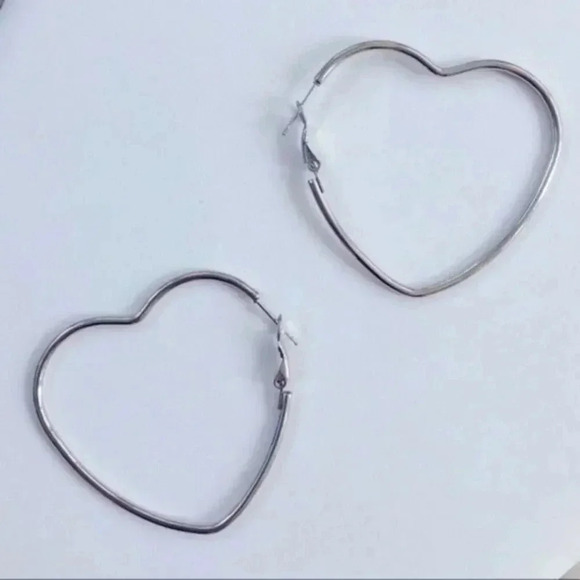 Silver Stainless Steel Large Heart Shaped Hoop Earrings NWT - Picture 1 of 4